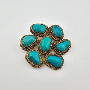 Vintage natural TURQUOISE STONE Gilt Silver Brooch